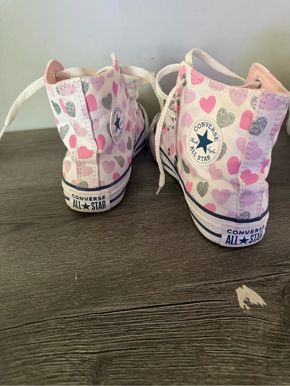 Converse Kids High-Top Sneakers in Pink and Silver Heart Print